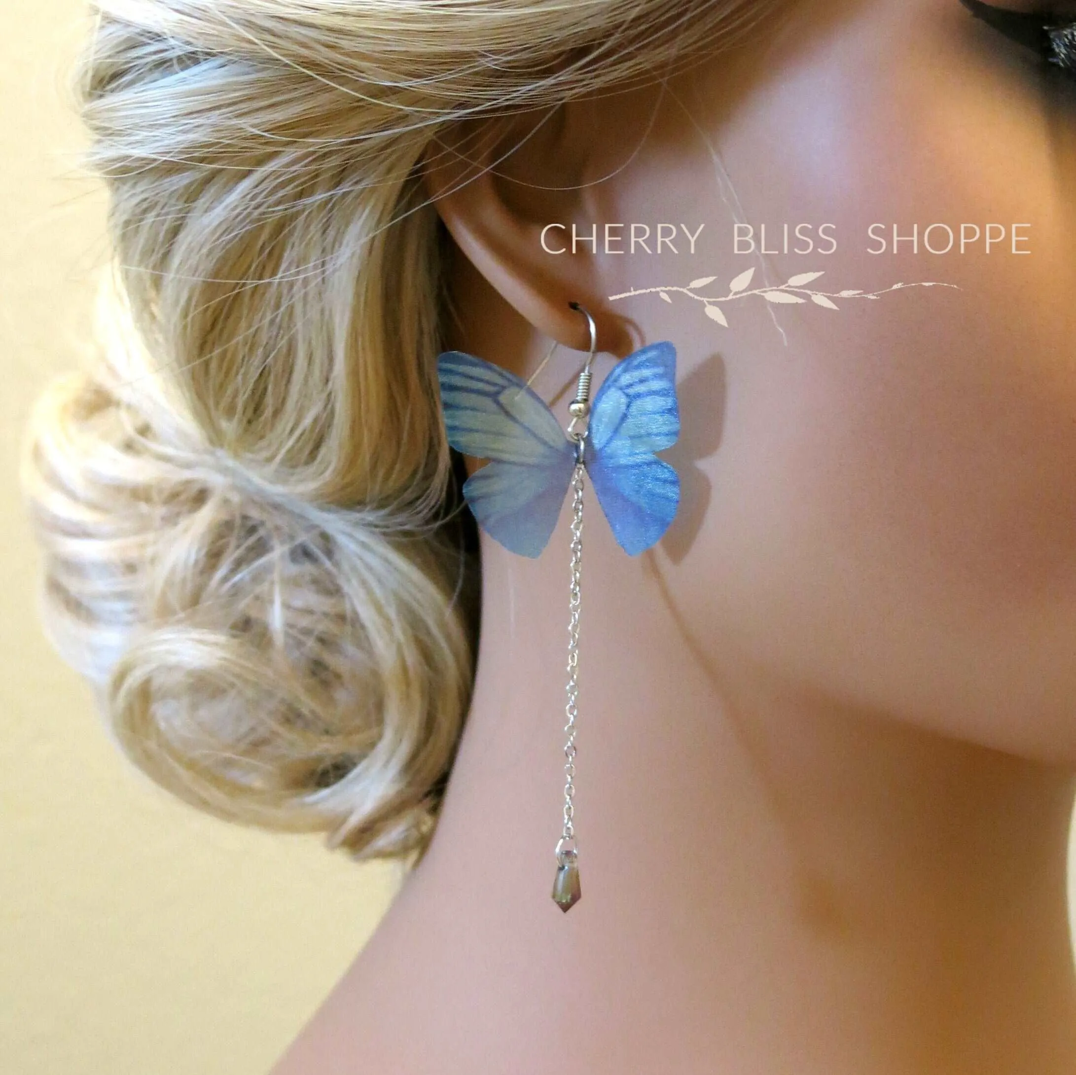 Realistic Chiffon Blue Butterfly Earrings, Fashion Statement Chain Dangle Earrings, Artistic Fantasy Tassel Jewelry