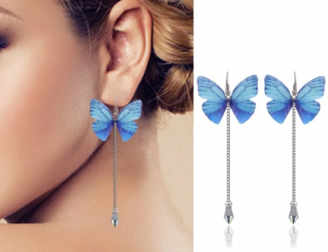 Realistic Chiffon Blue Butterfly Earrings, Fashion Statement Chain Dangle Earrings, Artistic Fantasy Tassel Jewelry