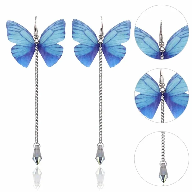 Realistic Chiffon Blue Butterfly Earrings, Fashion Statement Chain Dangle Earrings, Artistic Fantasy Tassel Jewelry