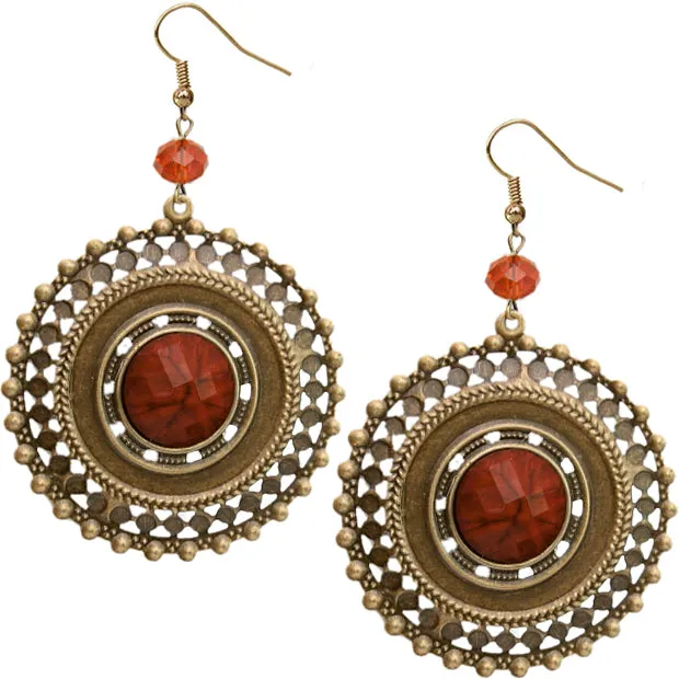 Red Beaded Gold Cutout Earrings