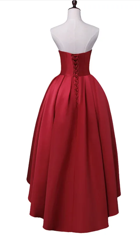 Red Sweetheart High Low Satin Party Dress, Red Formal Dresses, Red Party Dresses