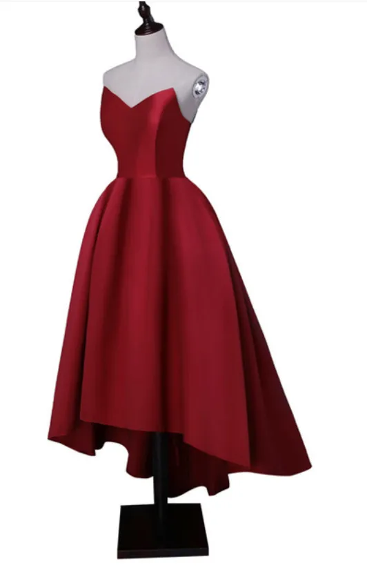 Red Sweetheart High Low Satin Party Dress, Red Formal Dresses, Red Party Dresses