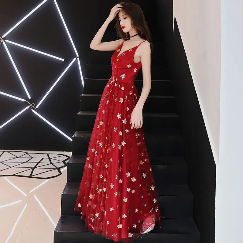 Red Tulle Sweetheart Straps Long Low Back Prom Dress, Red Evening Dress Party Dress
