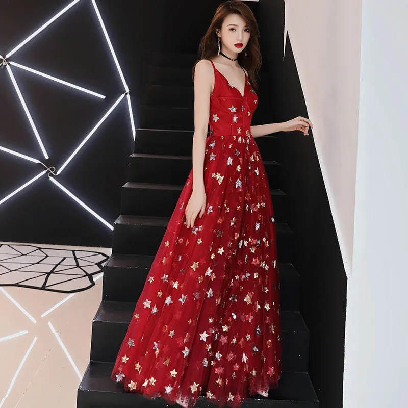 Red Tulle Sweetheart Straps Long Low Back Prom Dress, Red Evening Dress Party Dress