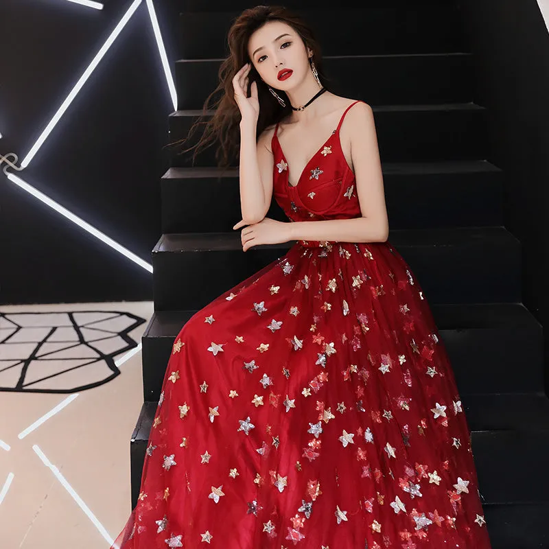 Red Tulle Sweetheart Straps Long Low Back Prom Dress, Red Evening Dress Party Dress