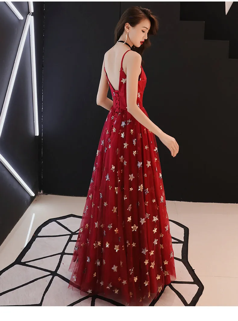 Red Tulle Sweetheart Straps Long Low Back Prom Dress, Red Evening Dress Party Dress