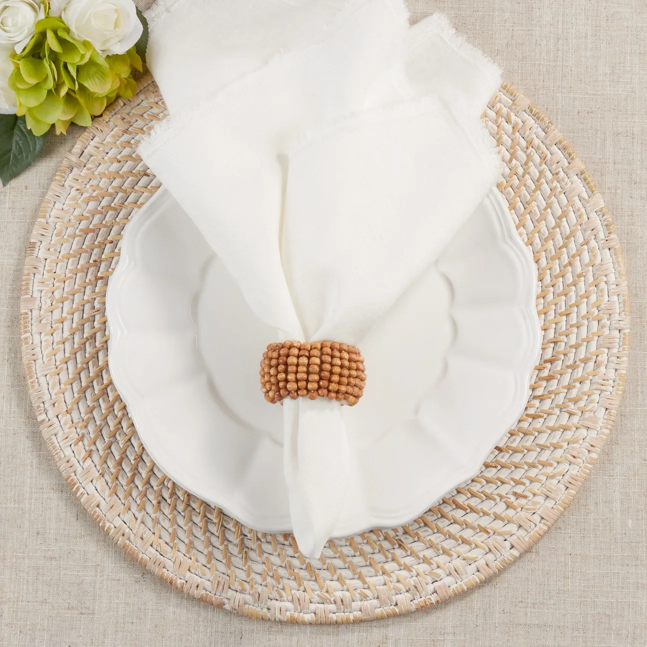 Rustic wooden brown beaded napkin ring