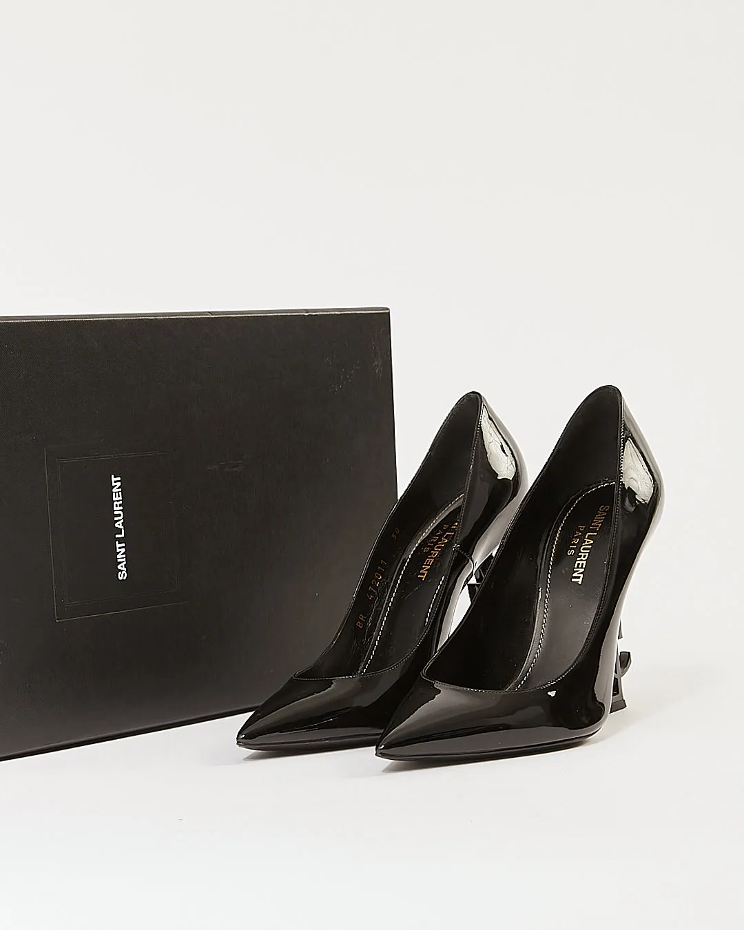 Saint Laurent Black Patent Leather Logo Heel Point Toe Pumps - 38