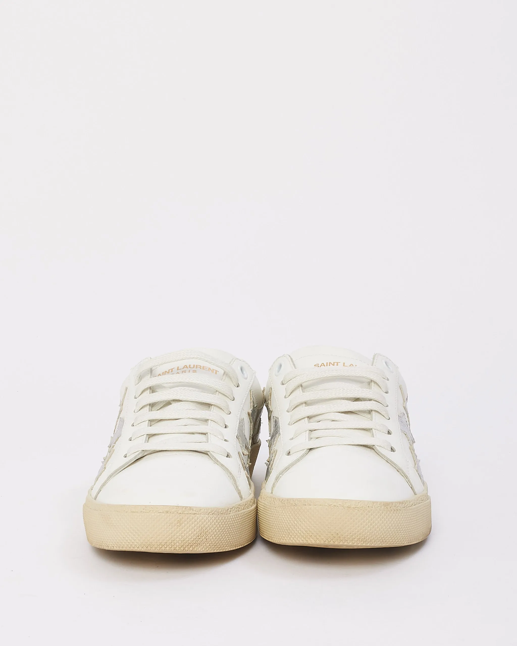Saint Laurent White & Silver Leather Low Top Star Sneakers - 37