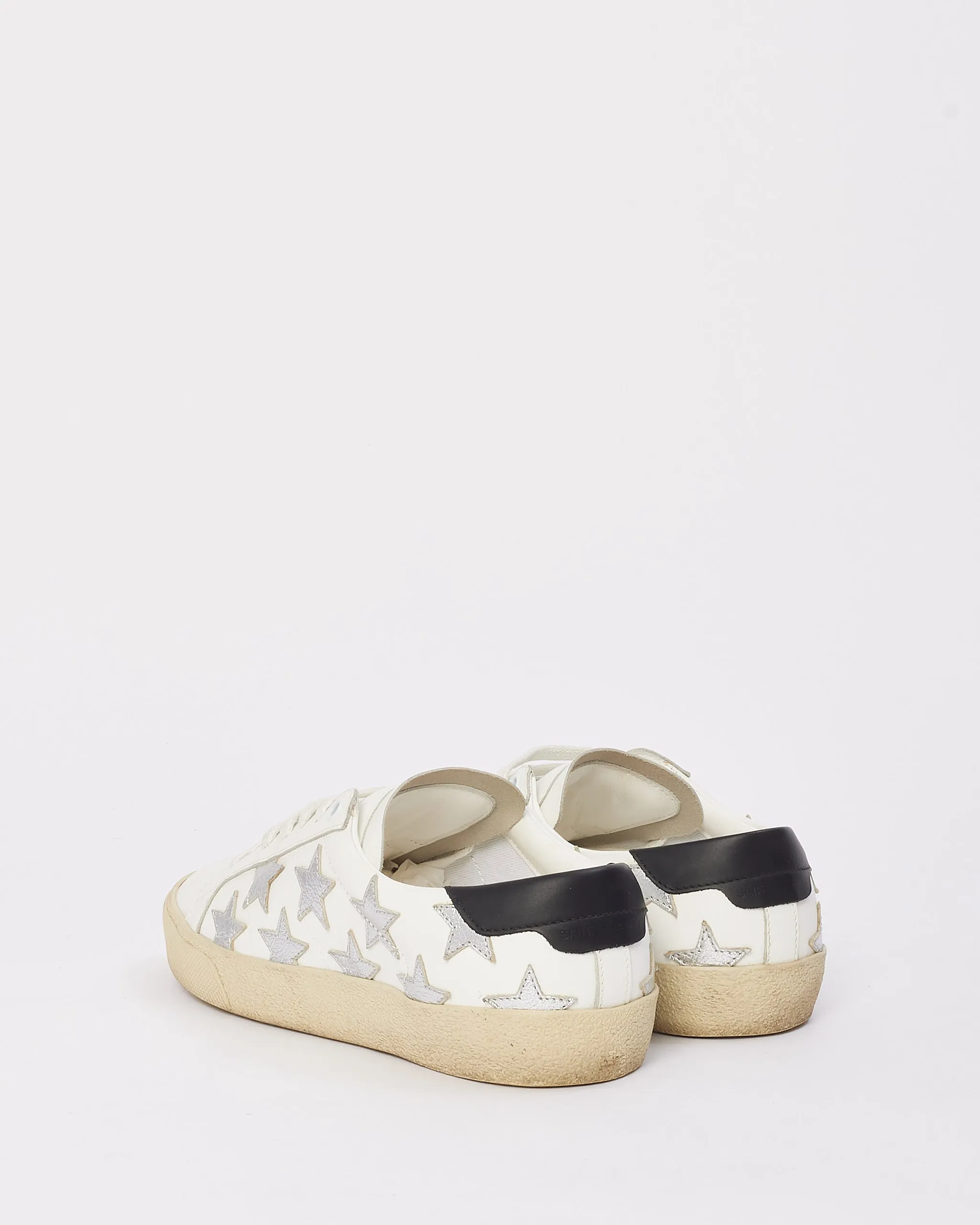 Saint Laurent White & Silver Leather Low Top Star Sneakers - 37