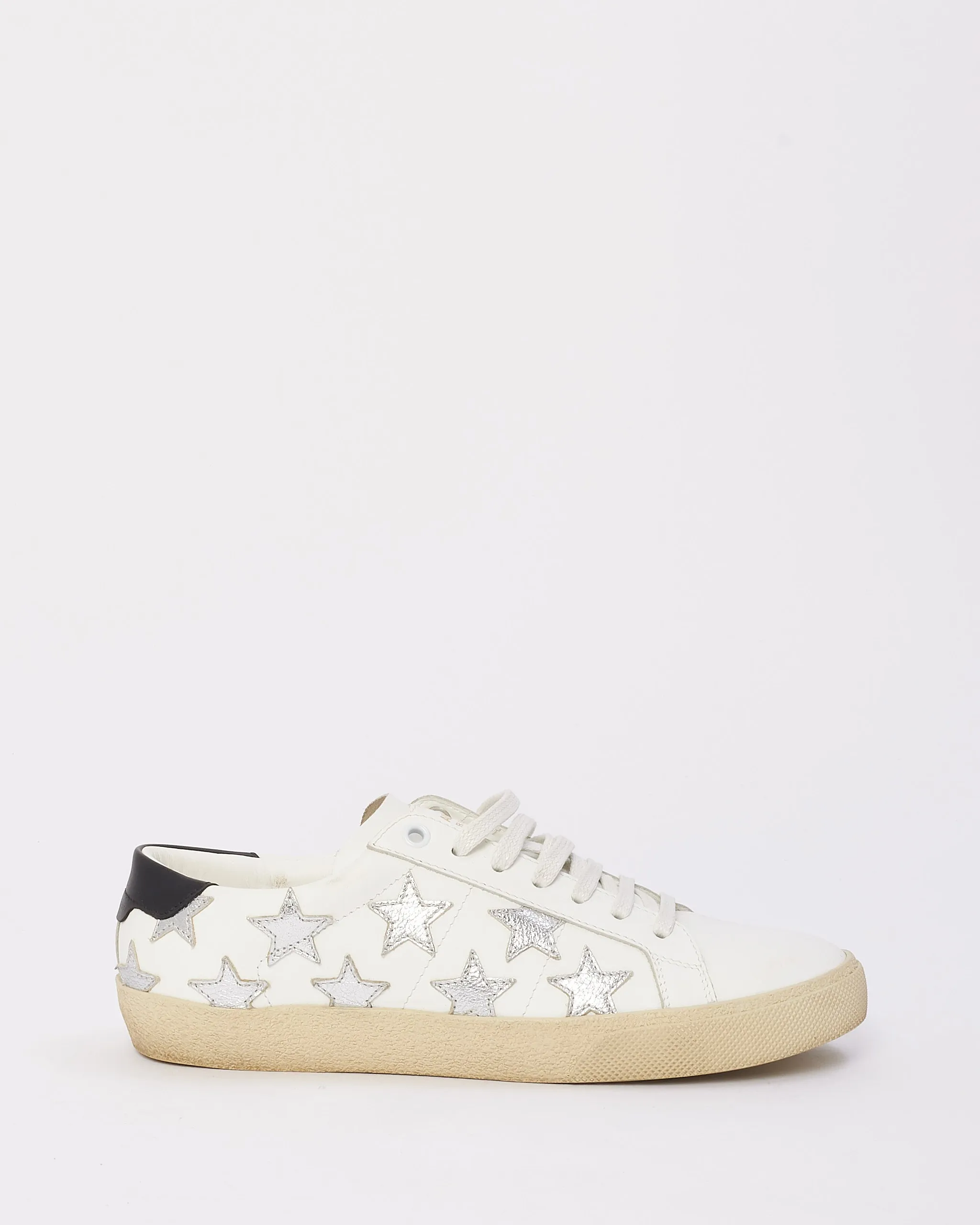 Saint Laurent White & Silver Leather Low Top Star Sneakers - 37