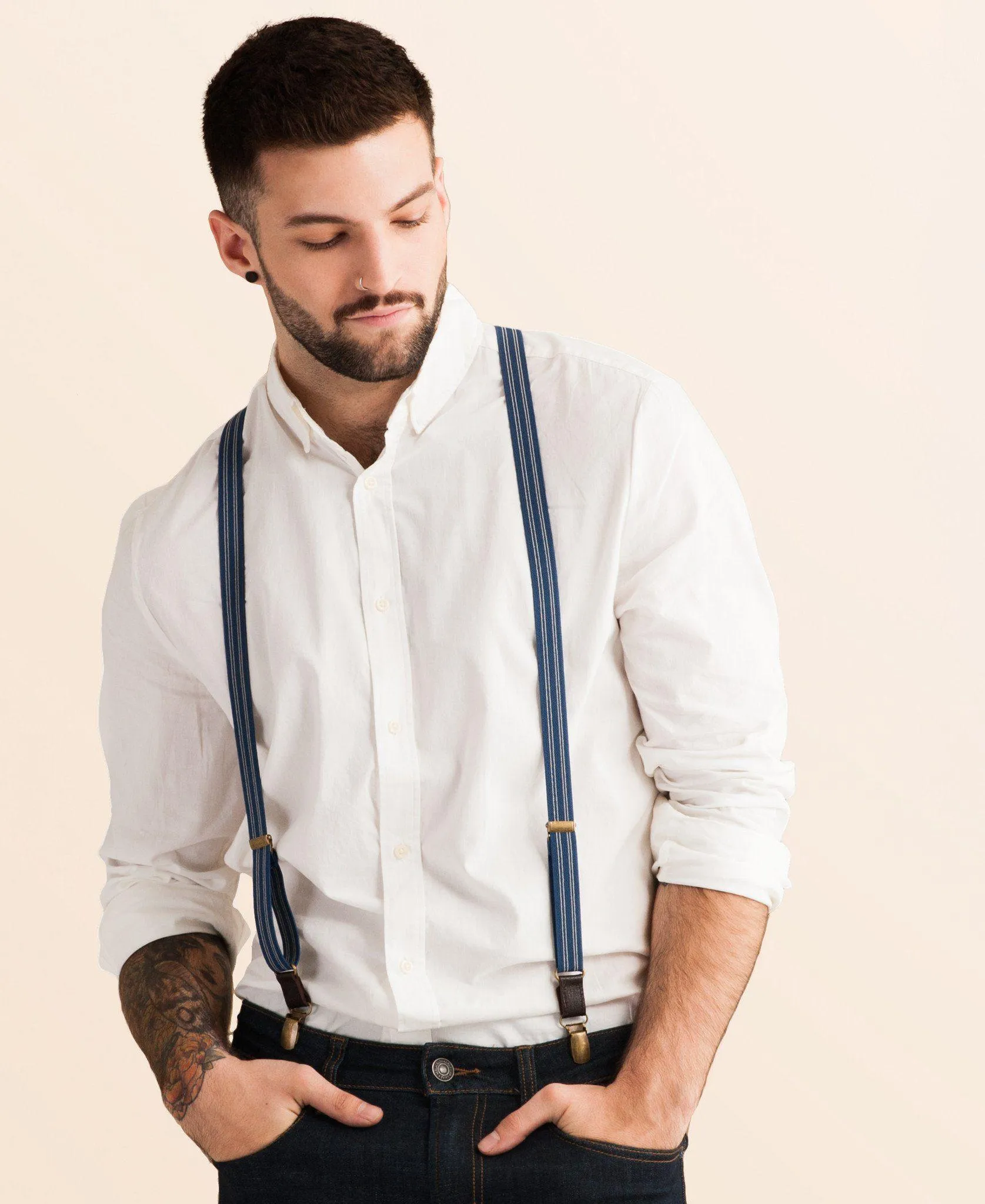 Scholar - Navy Blue Pin Striped Suspenders