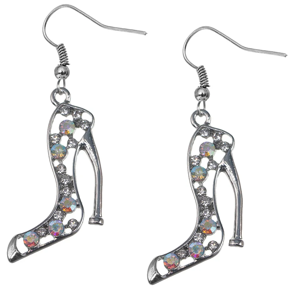 Silver Iridescent Rhinestone High Heel Earrings