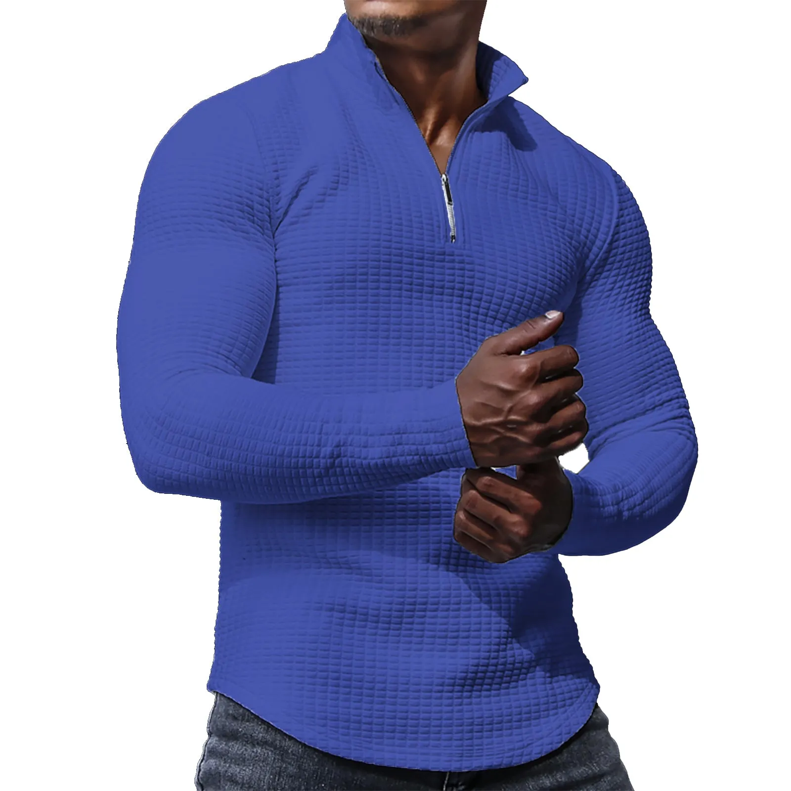 SOLID COLOR  MID-WEIGHT STAND COLLAR WAFFLE ZIPPER SWEATSHIRT
