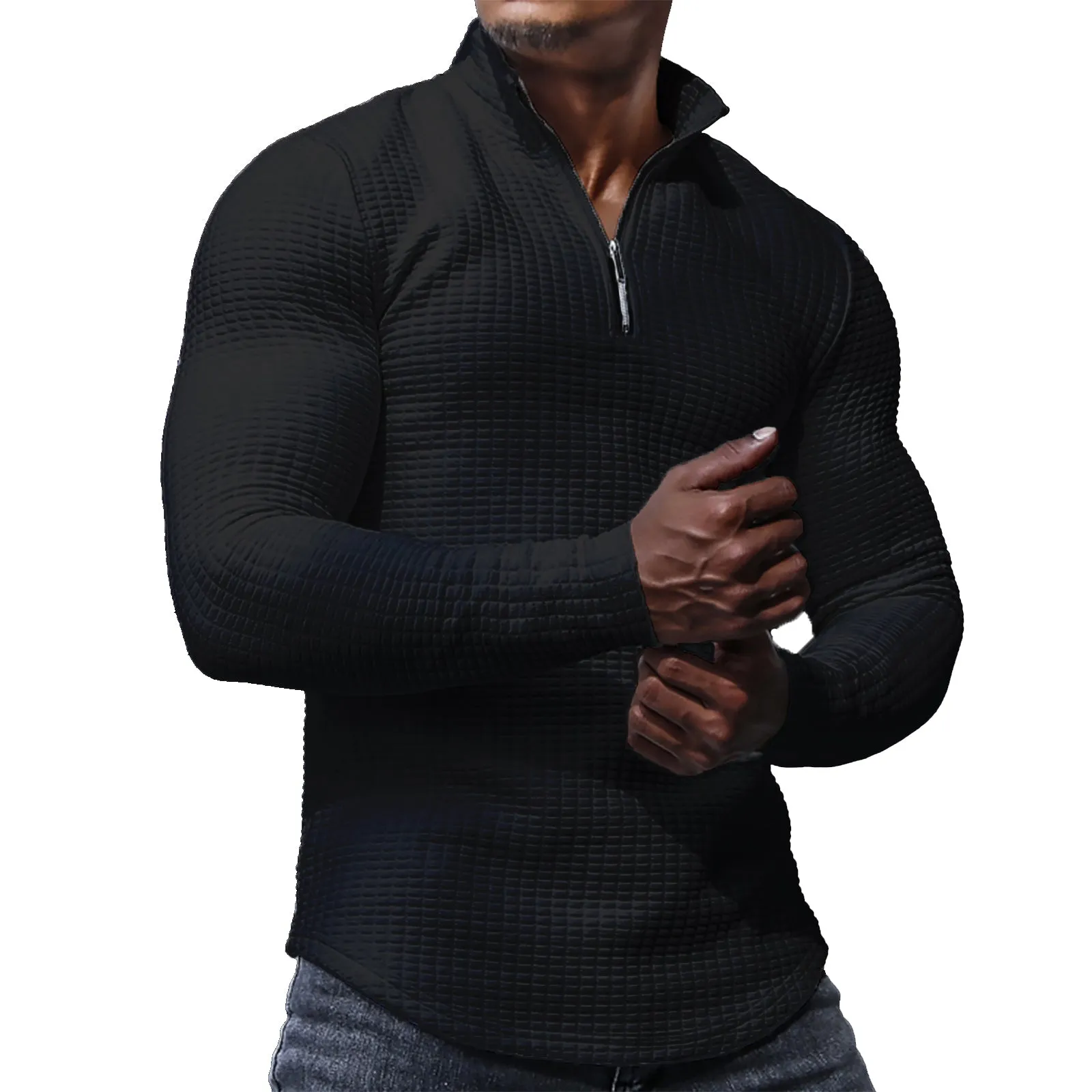 SOLID COLOR  MID-WEIGHT STAND COLLAR WAFFLE ZIPPER SWEATSHIRT