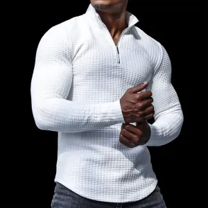 SOLID COLOR  MID-WEIGHT STAND COLLAR WAFFLE ZIPPER SWEATSHIRT