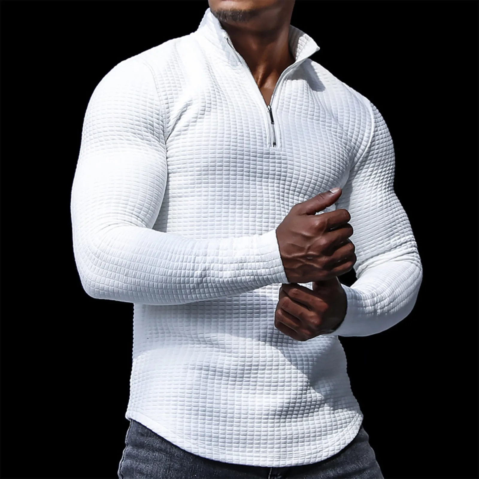 SOLID COLOR  MID-WEIGHT STAND COLLAR WAFFLE ZIPPER SWEATSHIRT