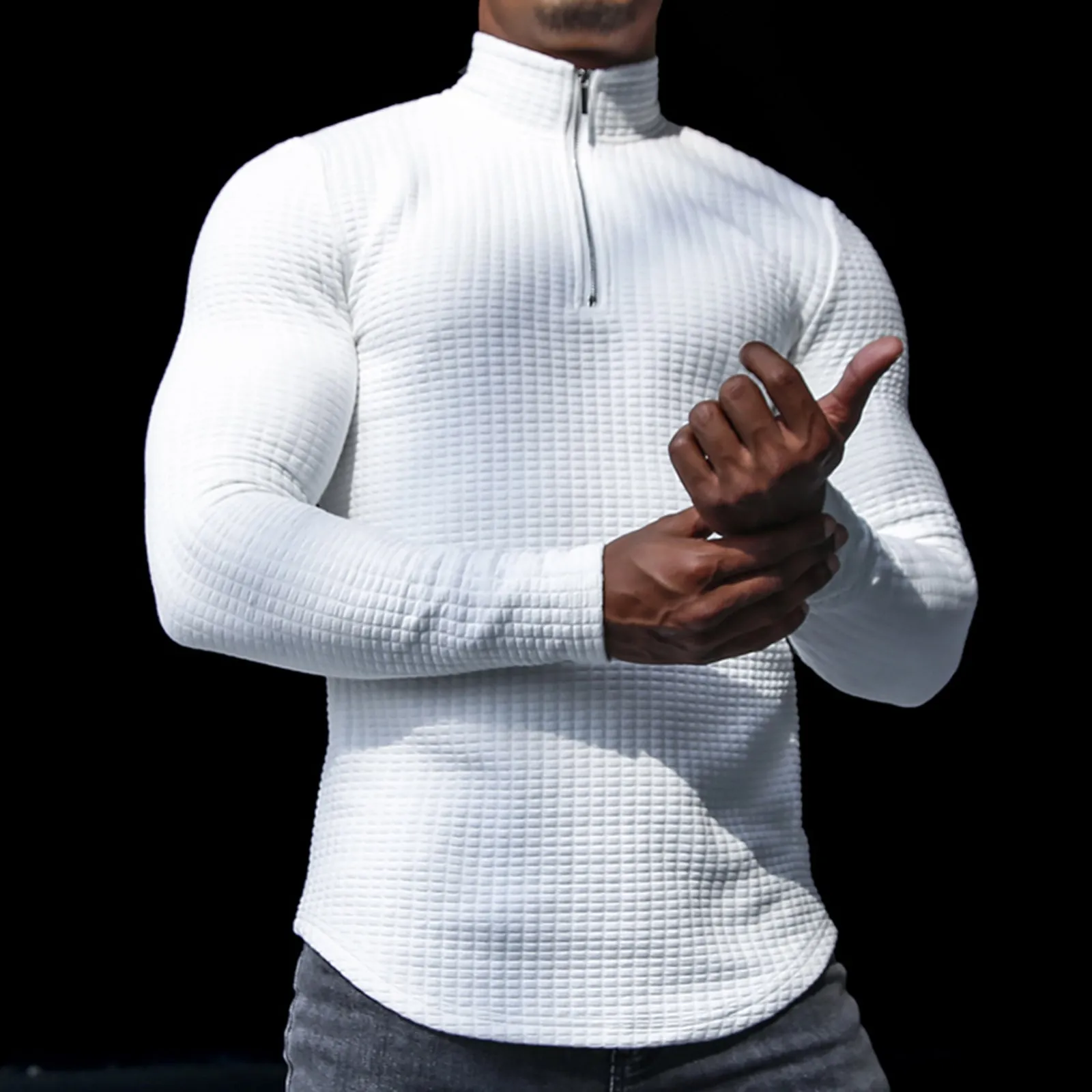 SOLID COLOR  MID-WEIGHT STAND COLLAR WAFFLE ZIPPER SWEATSHIRT
