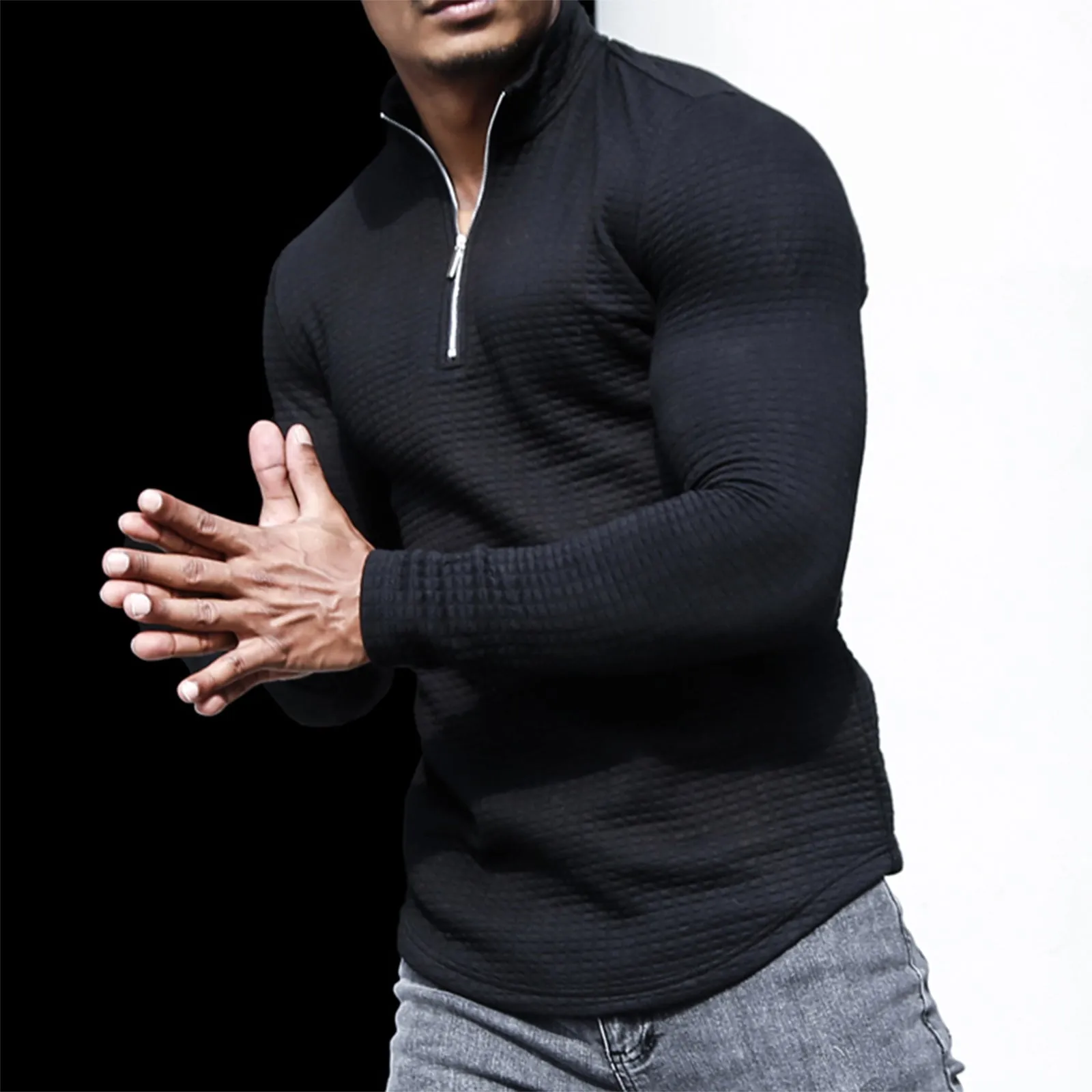 SOLID COLOR  MID-WEIGHT STAND COLLAR WAFFLE ZIPPER SWEATSHIRT