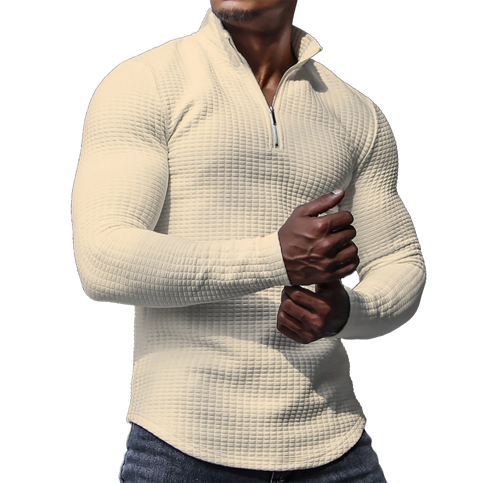 SOLID COLOR  MID-WEIGHT STAND COLLAR WAFFLE ZIPPER SWEATSHIRT