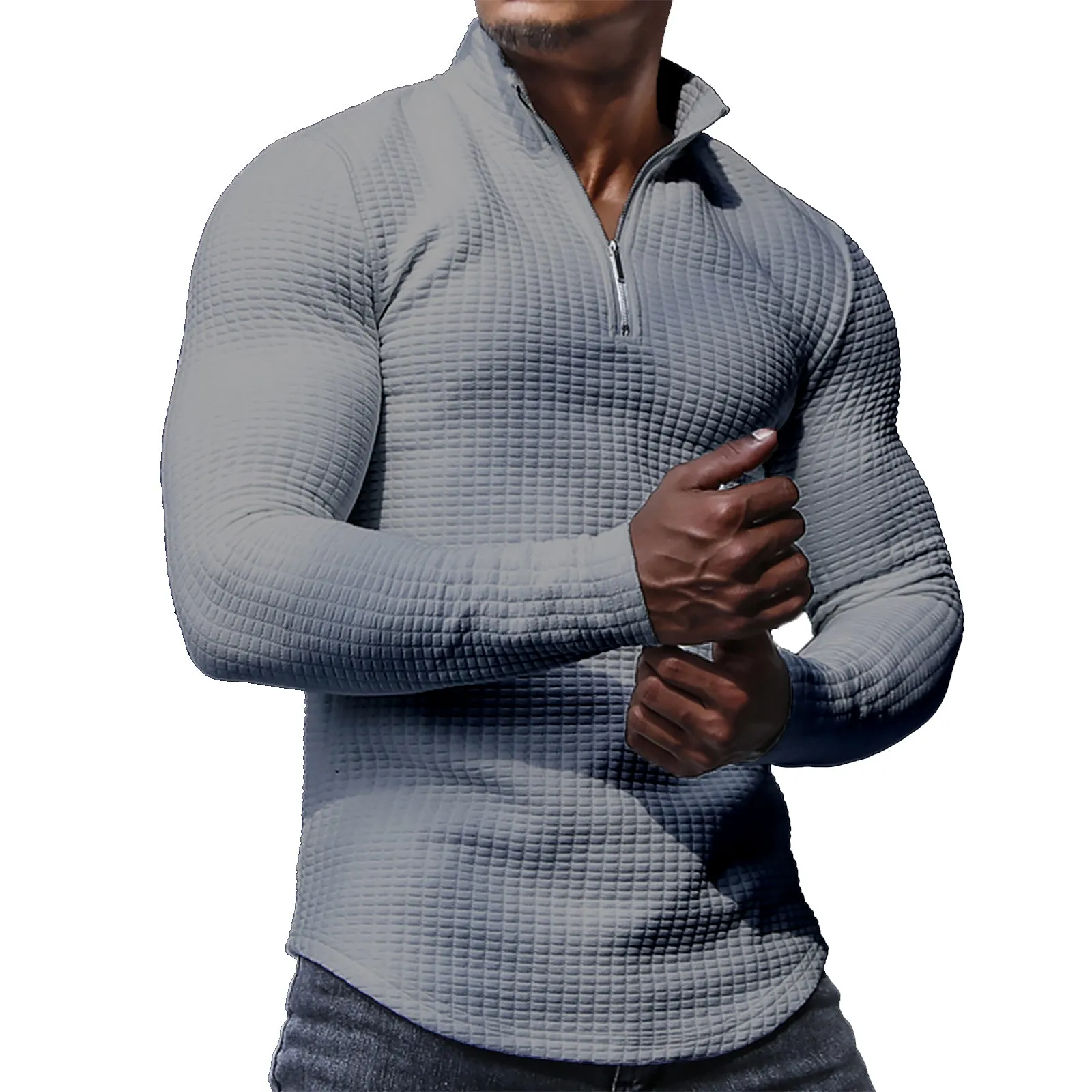 SOLID COLOR  MID-WEIGHT STAND COLLAR WAFFLE ZIPPER SWEATSHIRT