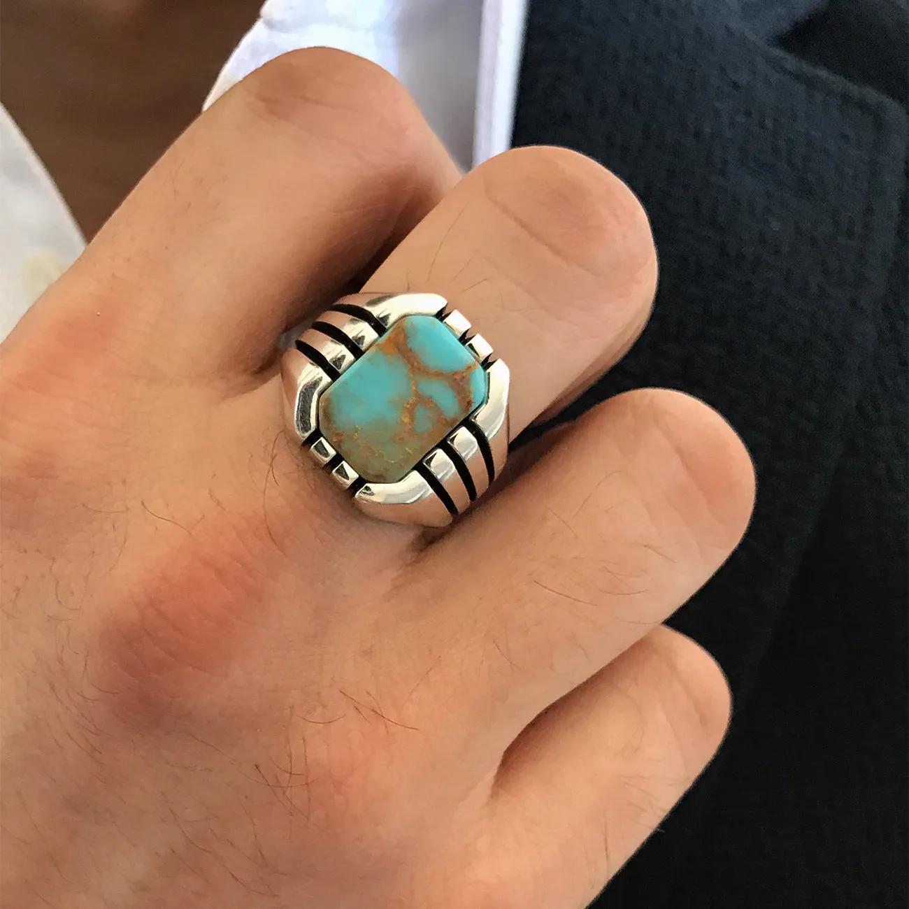 Sterling Silver Ring with Rectangle Antique Turquoise Gemstone