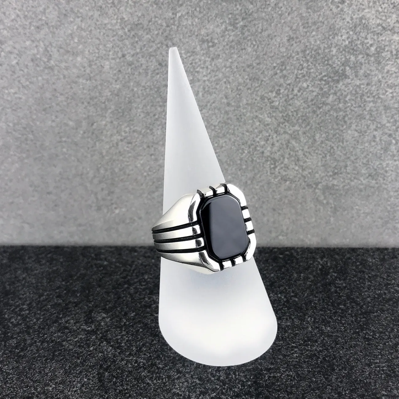 Sterling Silver Ring with Rectangle Black Onyx Gemstone