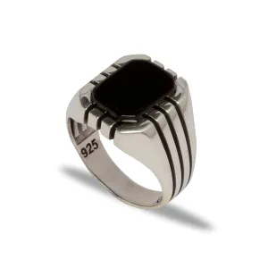 Sterling Silver Ring with Rectangle Black Onyx Gemstone