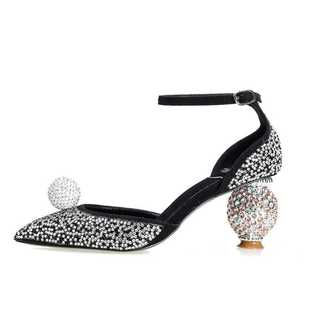 Stiletto Heel Wedding Crystal Pumps Bling Bling Sexy Pointed Toe Strange Style Heel Ankle Strap Crystal Ball Decor Bride Shoes