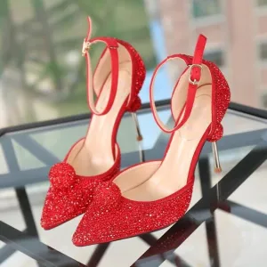Stiletto Heel Wedding Crystal Pumps Bling Bling Sexy Pointed Toe Strange Style Heel Ankle Strap Crystal Ball Decor Bride Shoes