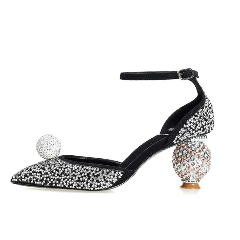 Stiletto Heel Wedding Crystal Pumps Bling Bling Sexy Pointed Toe Strange Style Heel Ankle Strap Crystal Ball Decor Bride Shoes