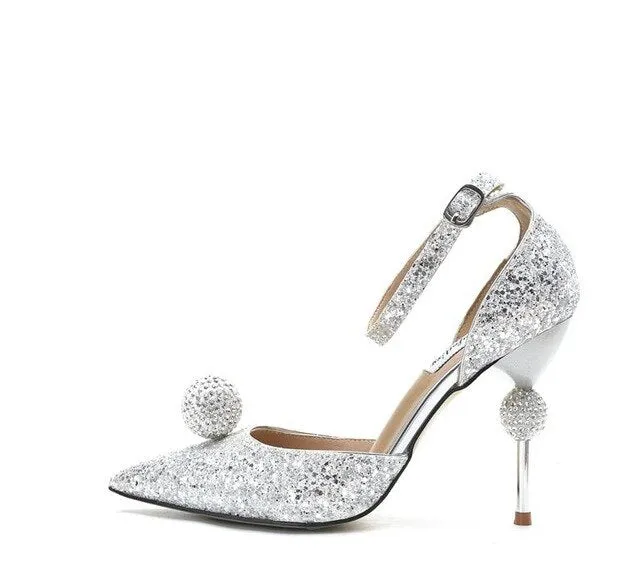 Stiletto Heel Wedding Crystal Pumps Bling Bling Sexy Pointed Toe Strange Style Heel Ankle Strap Crystal Ball Decor Bride Shoes
