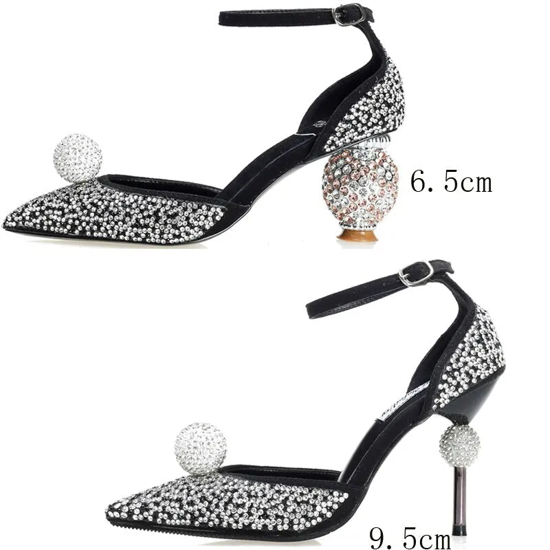 Stiletto Heel Wedding Crystal Pumps Bling Bling Sexy Pointed Toe Strange Style Heel Ankle Strap Crystal Ball Decor Bride Shoes