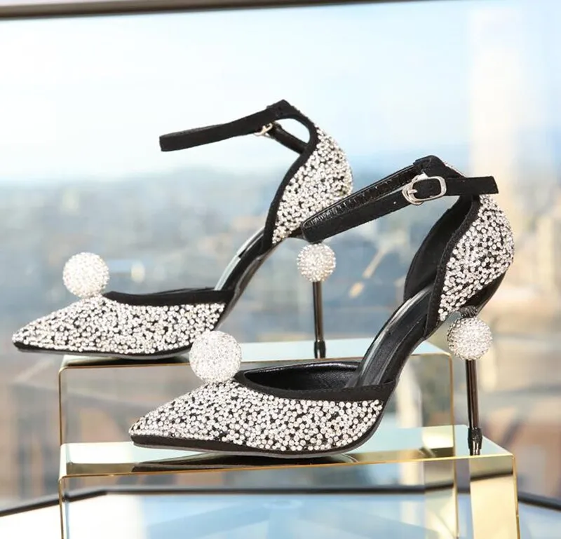 Stiletto Heel Wedding Crystal Pumps Bling Bling Sexy Pointed Toe Strange Style Heel Ankle Strap Crystal Ball Decor Bride Shoes