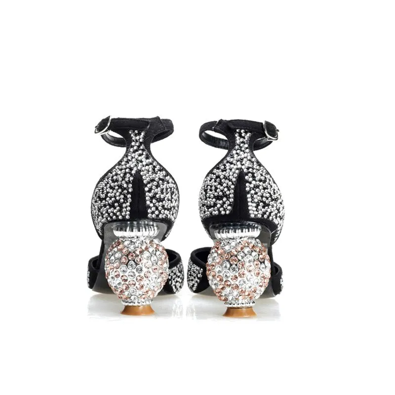 Stiletto Heel Wedding Crystal Pumps Bling Bling Sexy Pointed Toe Strange Style Heel Ankle Strap Crystal Ball Decor Bride Shoes