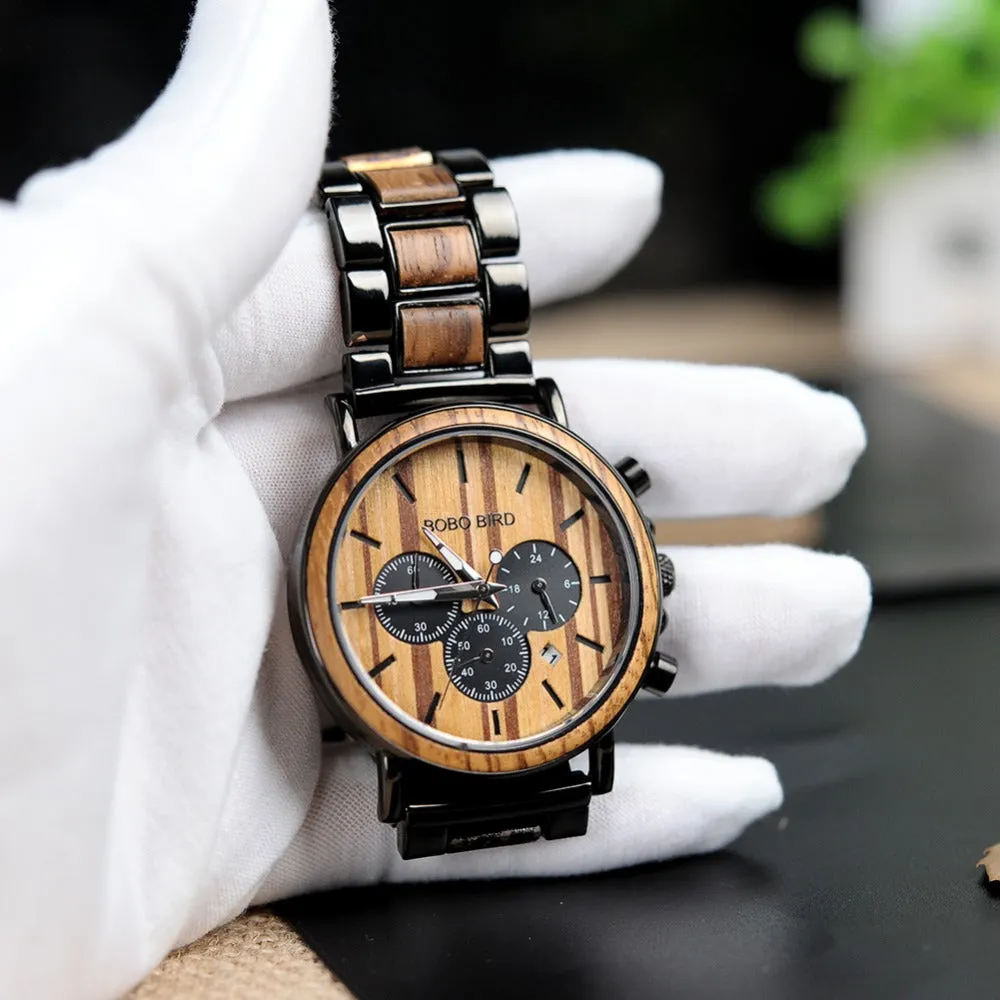 Stylish Men's Stainless   Wood Chronograph Watch