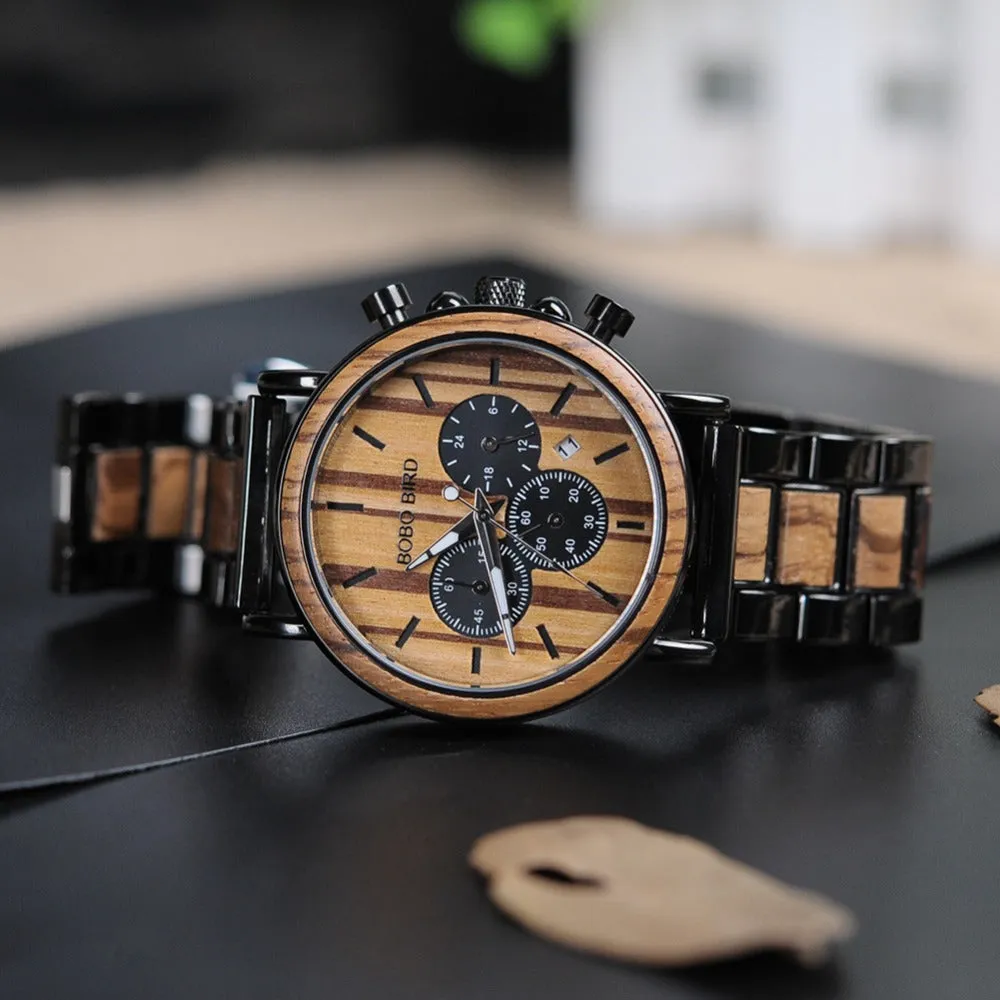 Stylish Men's Stainless   Wood Chronograph Watch
