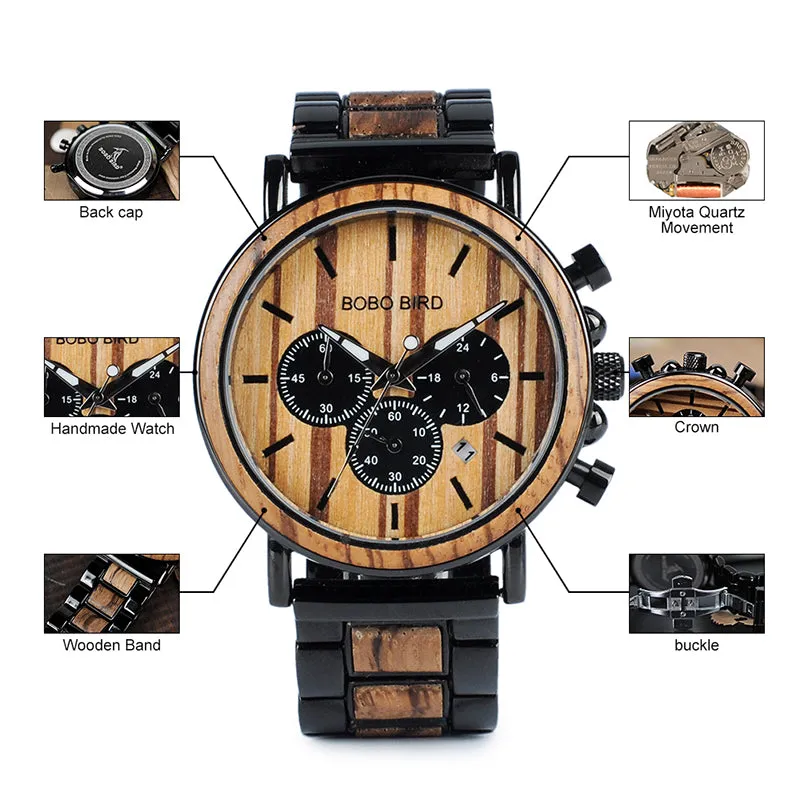Stylish Men's Stainless   Wood Chronograph Watch