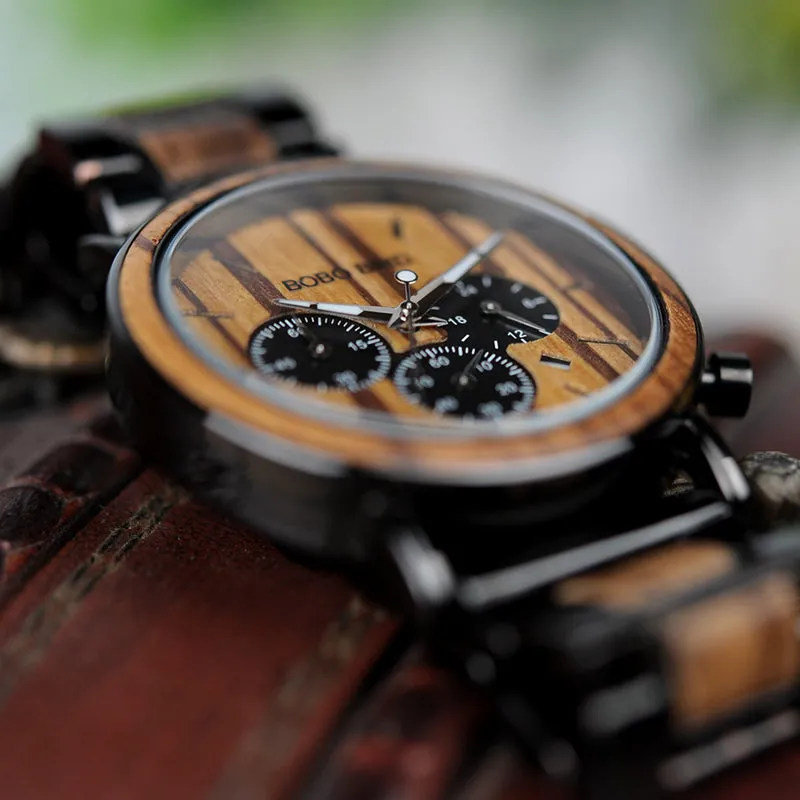 Stylish Men's Stainless   Wood Chronograph Watch