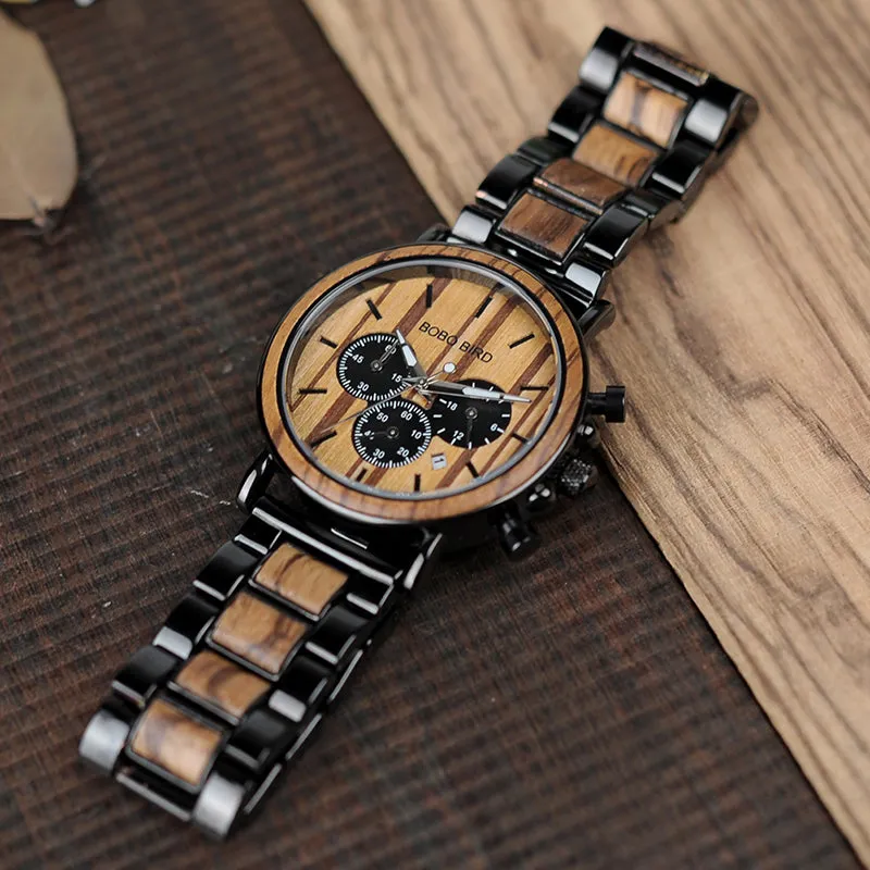 Stylish Men's Stainless   Wood Chronograph Watch
