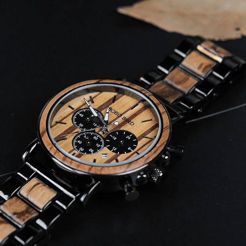Stylish Men's Stainless   Wood Chronograph Watch