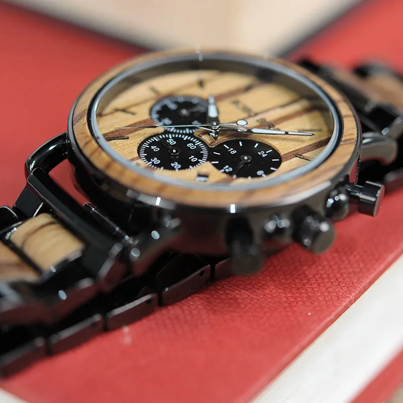 Stylish Men's Stainless   Wood Chronograph Watch