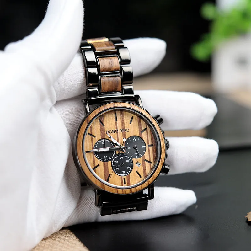 Stylish Men's Stainless   Wood Chronograph Watch