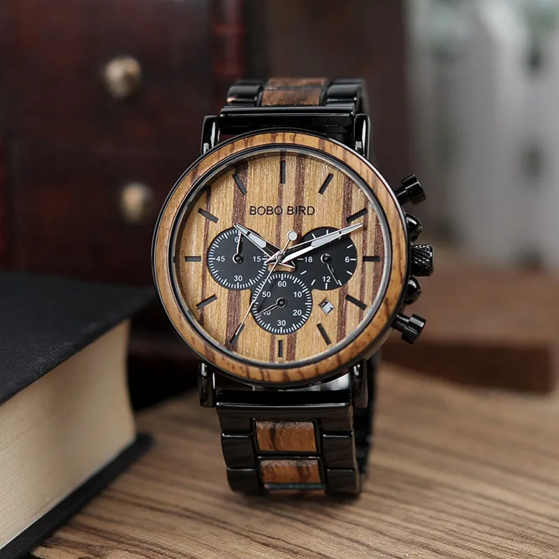 Stylish Men's Stainless   Wood Chronograph Watch