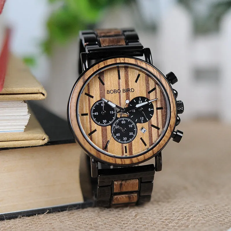 Stylish Men's Stainless   Wood Chronograph Watch