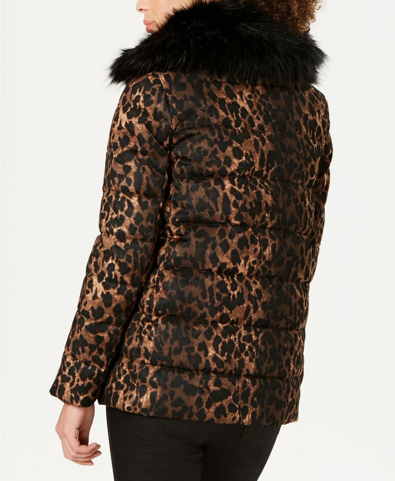 Tahari ASL Women's Leopard Print Puffer Coat With Faux Fur-Collar