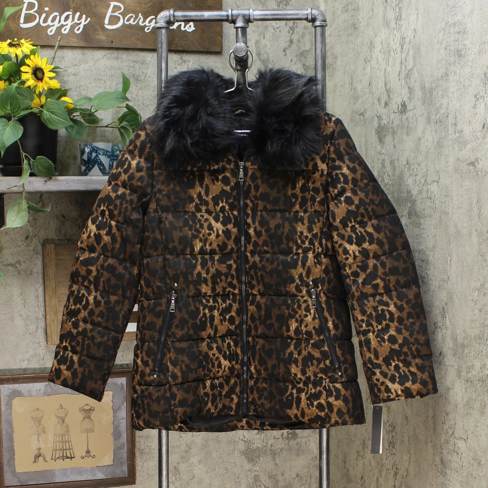 Tahari ASL Women's Leopard Print Puffer Coat With Faux Fur-Collar
