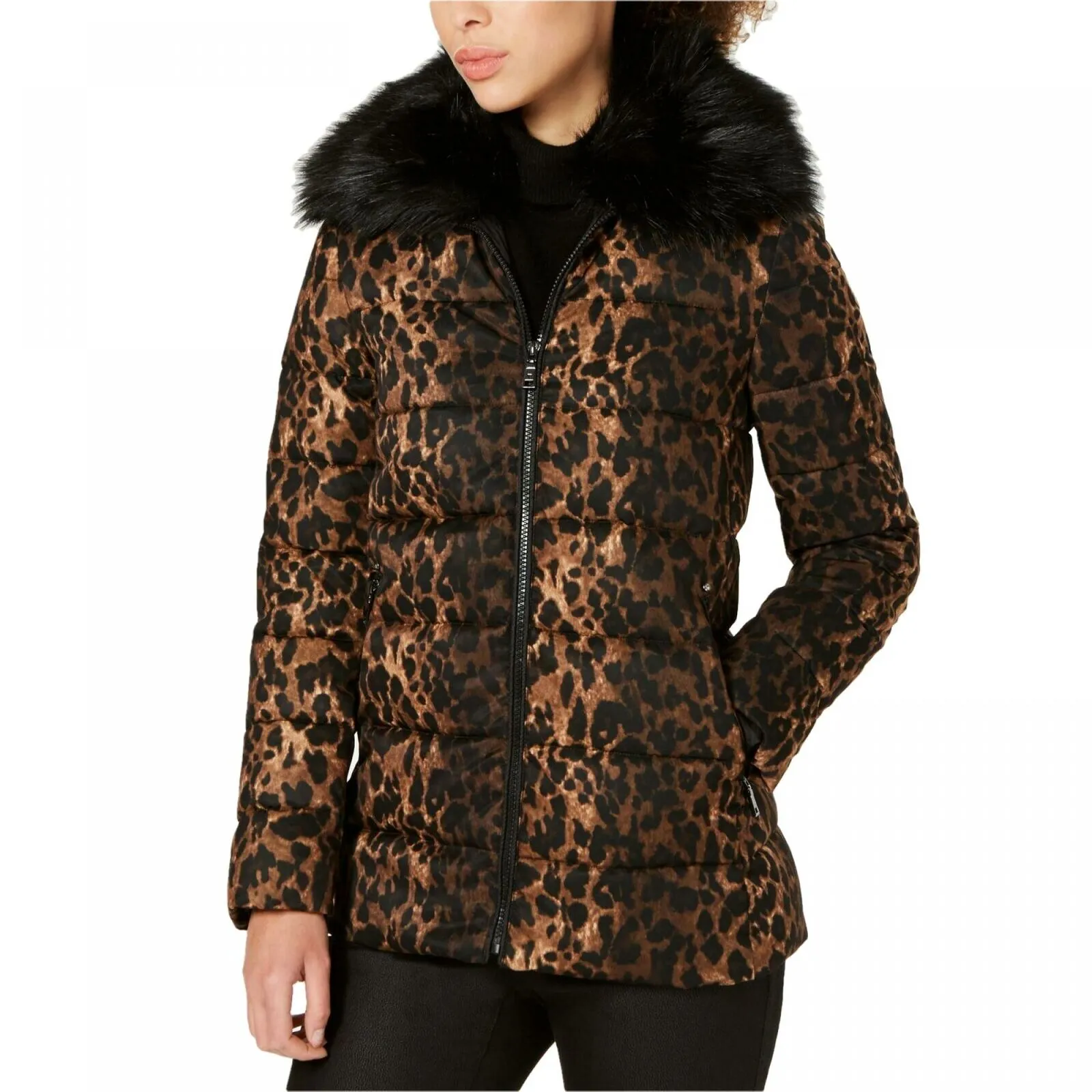 Tahari ASL Women's Leopard Print Puffer Coat With Faux Fur-Collar
