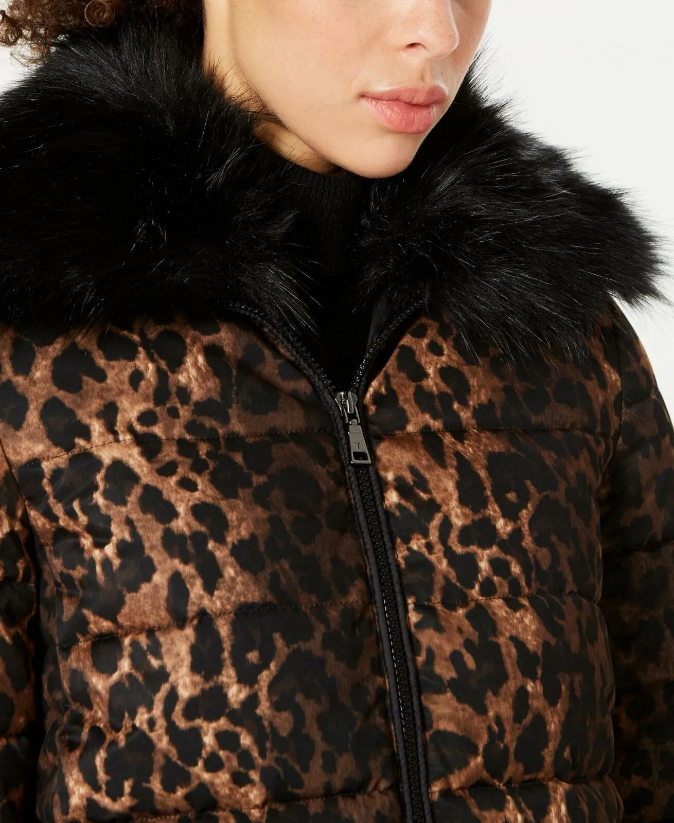 Tahari ASL Women's Leopard Print Puffer Coat With Faux Fur-Collar