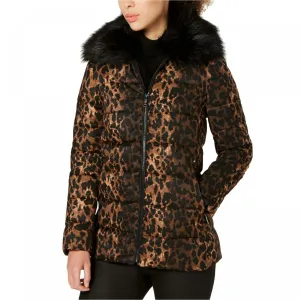 Tahari ASL Women's Leopard Print Puffer Coat With Faux Fur-Collar